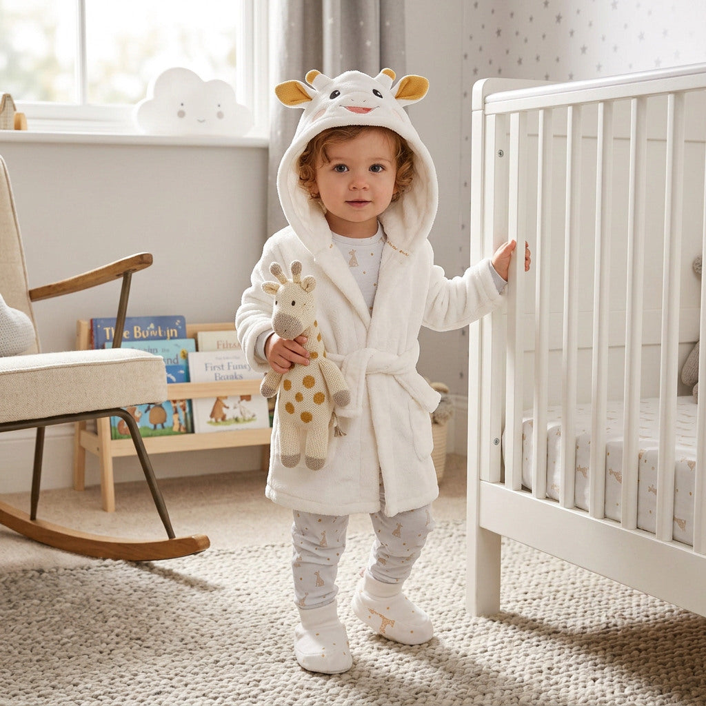 Toddler wearing the white Sophie la Girafe hooded robe, patterned pyjamas and matching booties