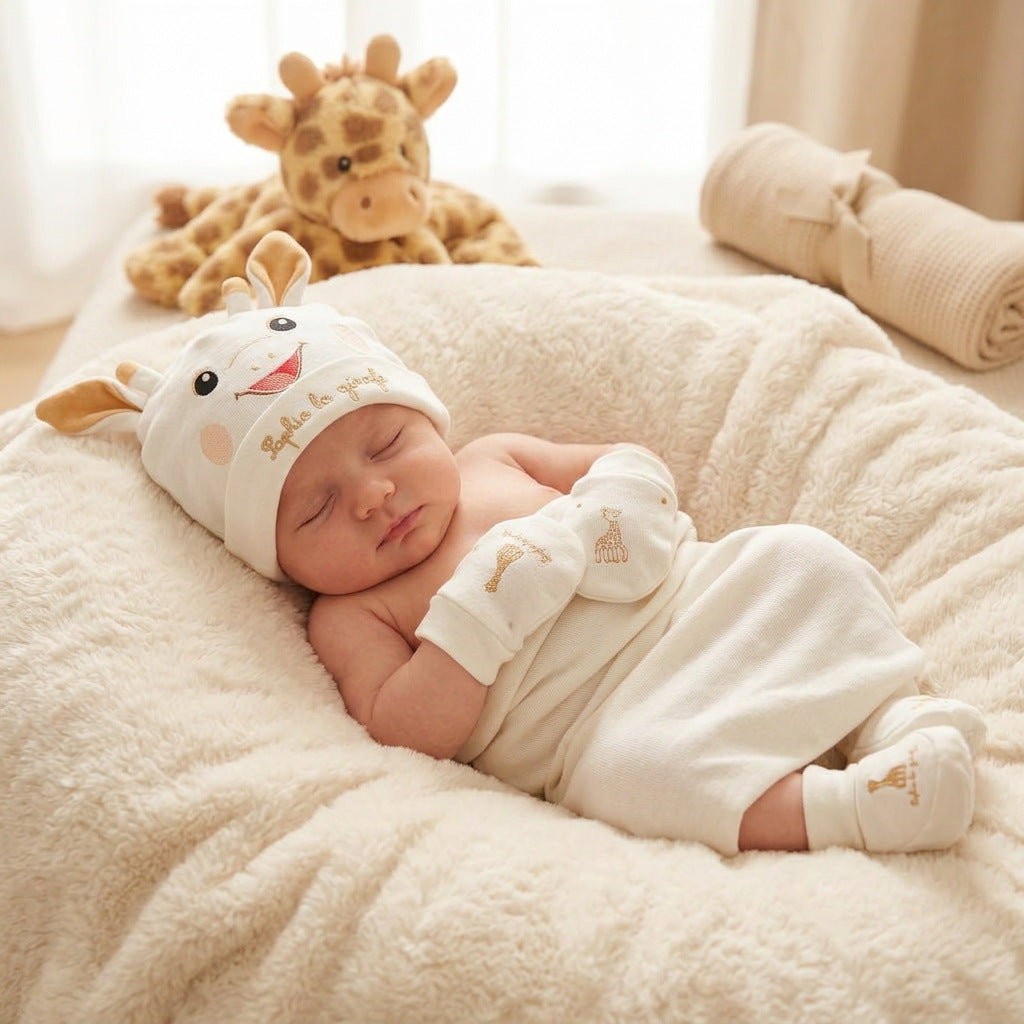 Baby wearing the white Sophie la Girafe hat, mittens and booties on a cream blanket