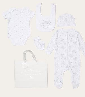 Special Delivery Unisex 5-Piece 100% Cotton Clothing Gift Set with All-in-One sleepsuit, cosy bodysuit, matching hat, practical bib, and adorable mittens. Perfect for newborns