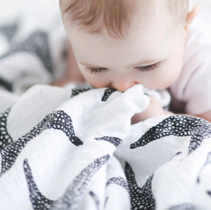 baby organic, sensory black and white muslin, starfish developmental print shown with baby. Etta Loves.