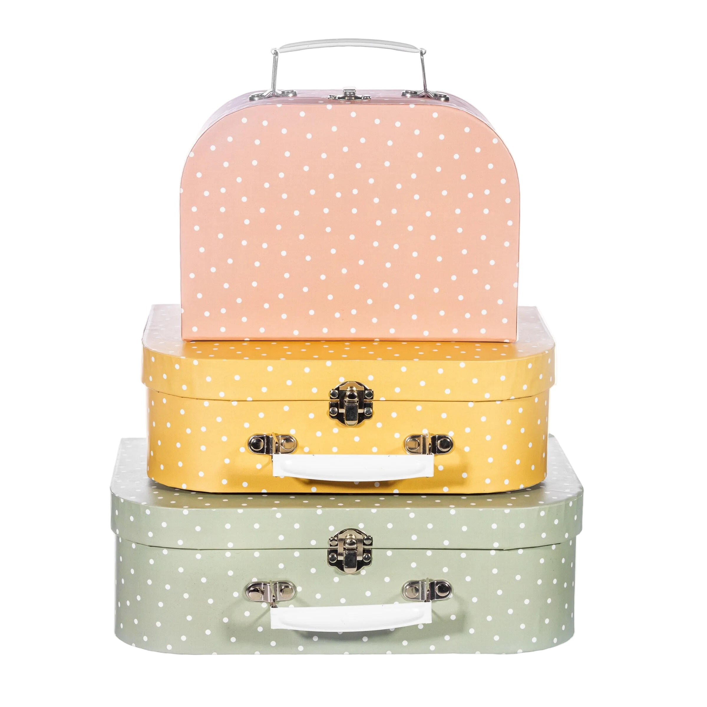 Three polka dot storage suitcases stacked with green on the bottom, yellow in the middle and pink/orange on the top.