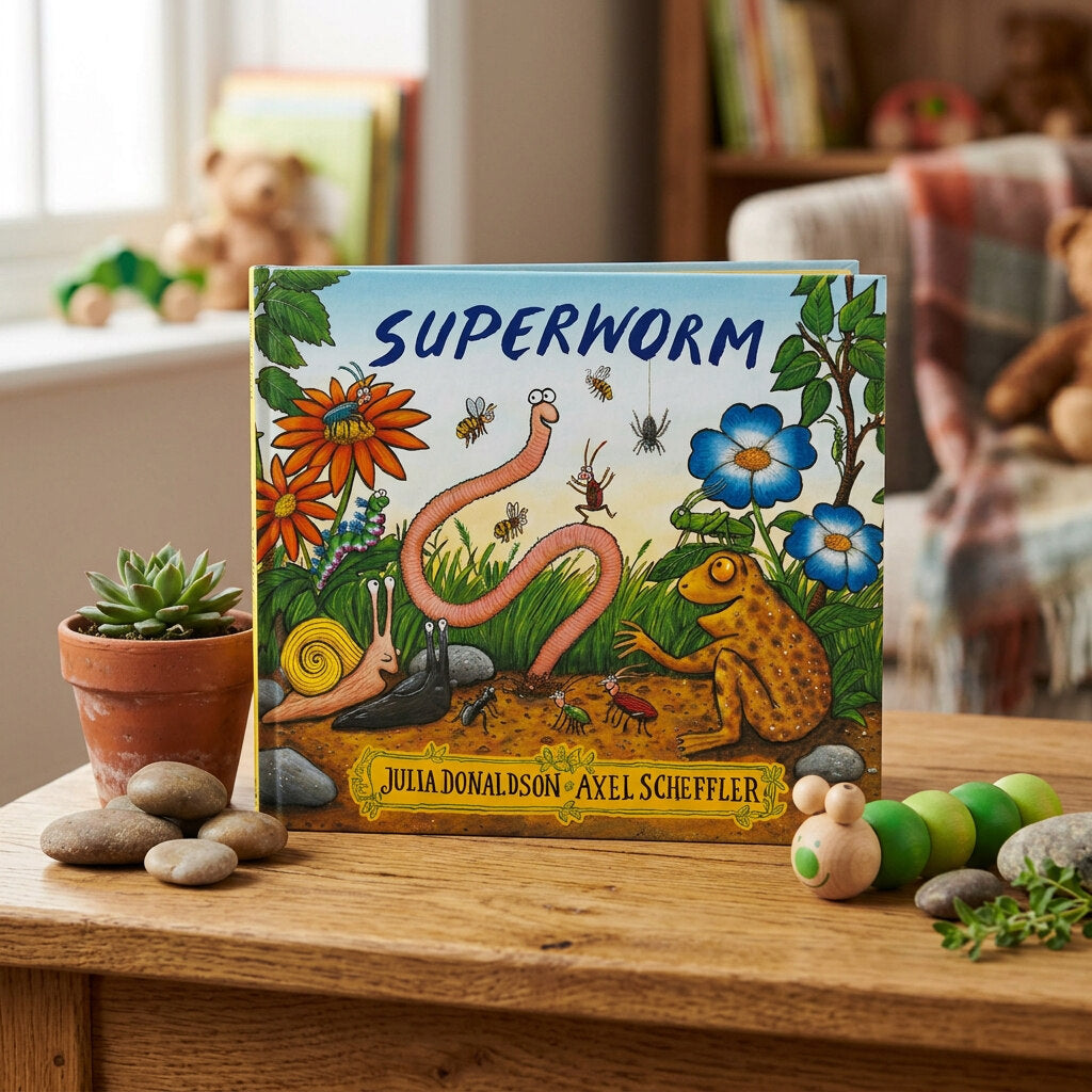 Superworm paperback cover by Julia Donaldson and Axel Scheffler, centred on a pale square background
