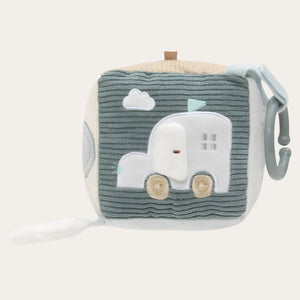Tactile baby cube toy in sea green and biscuit colours