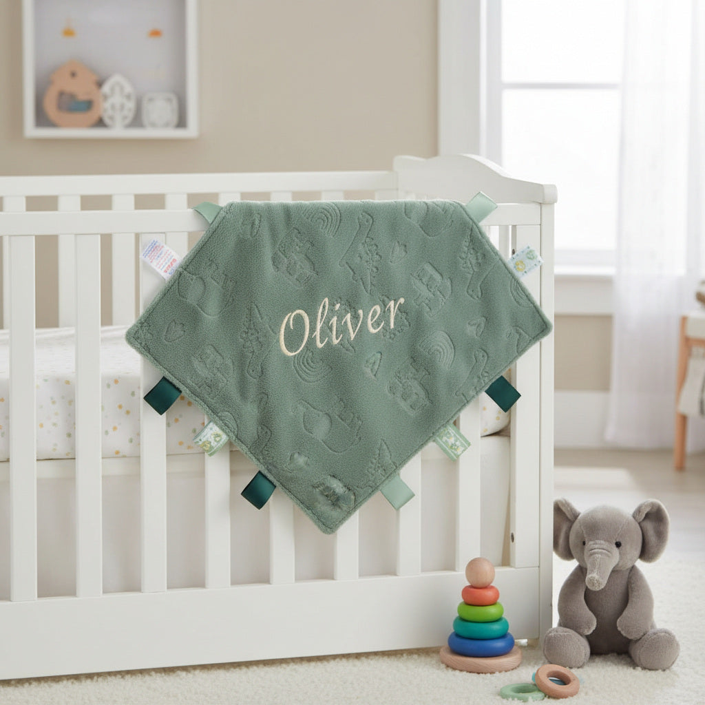 Sage Green Taggie Comforter - closeup of embossed elephant and dino