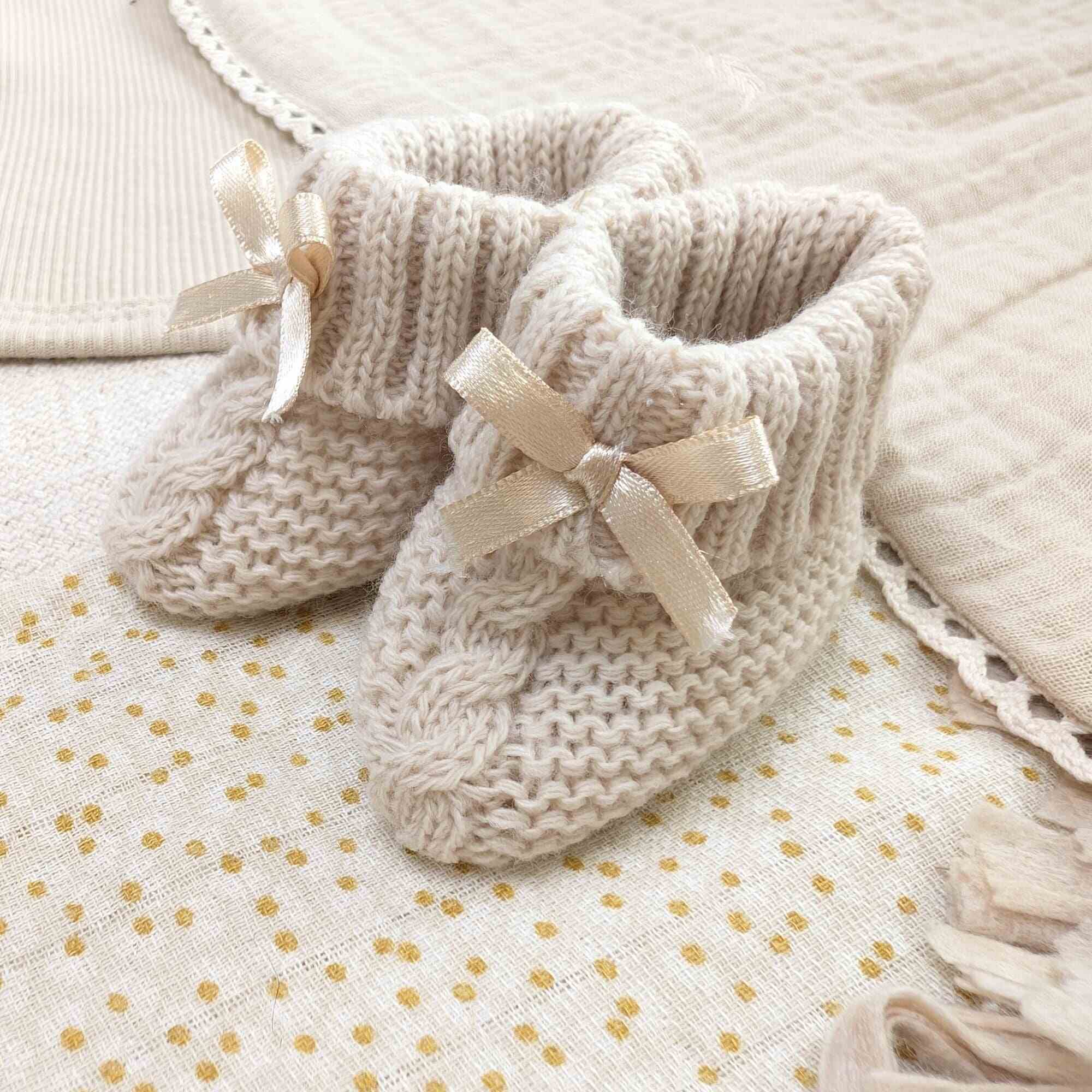 Baby Knit Booties Taupe With Bow 0-6 Months Booties.
