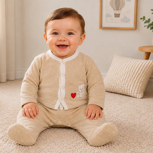 Taupe baby boys outfit with Hug Me embroidery and appliqué detail