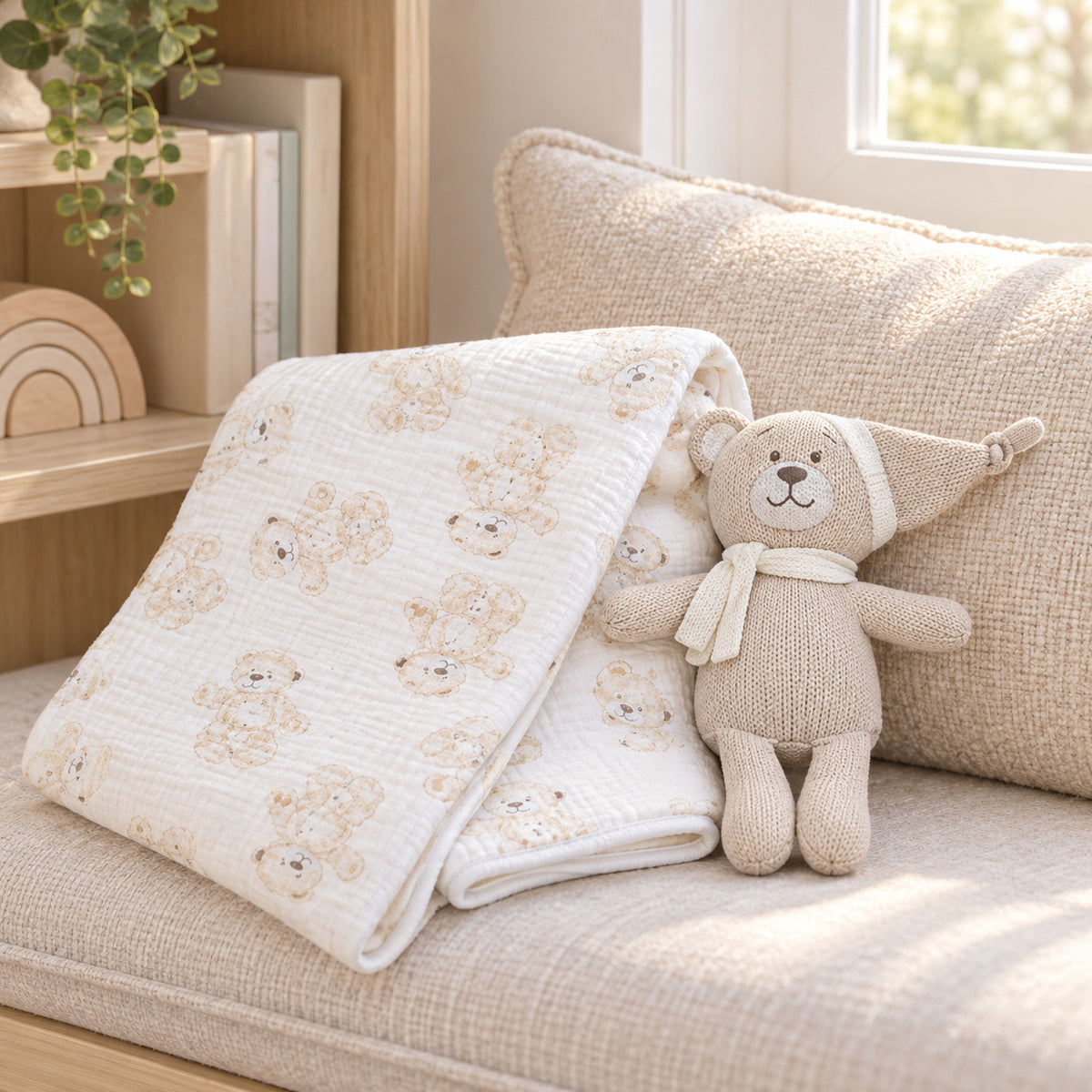 Taupe muslin baby blanket and bear toy gift set