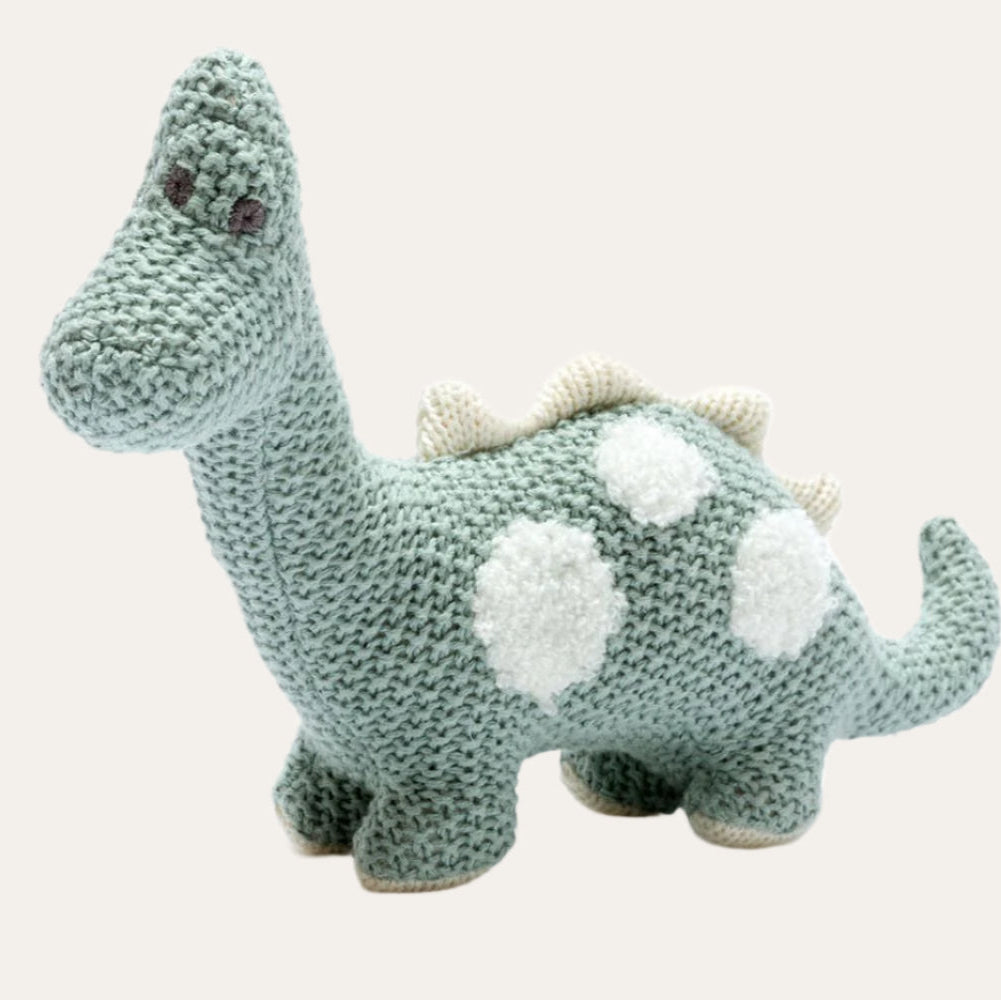 Organic Knitted Teal Diplodocus Dinosaur Cuddly Toys.