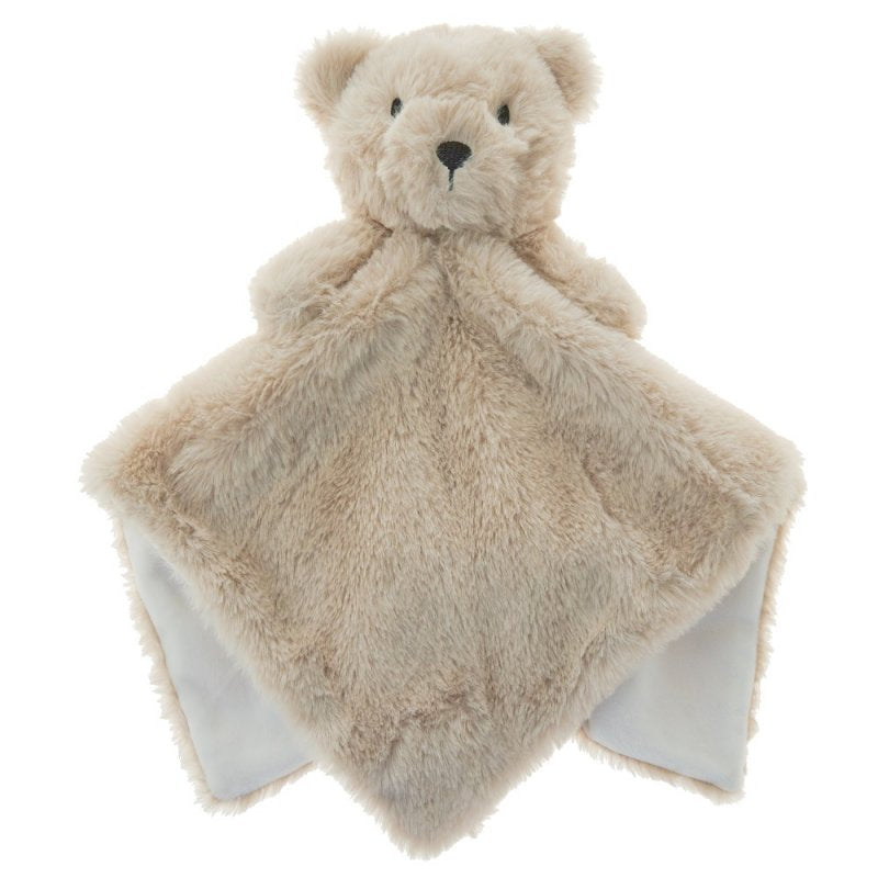Cream baby comforter with furry teddy bear body attached to a furry cream comfort blanket