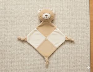A teddy bear cmforter soother with a built in rattle