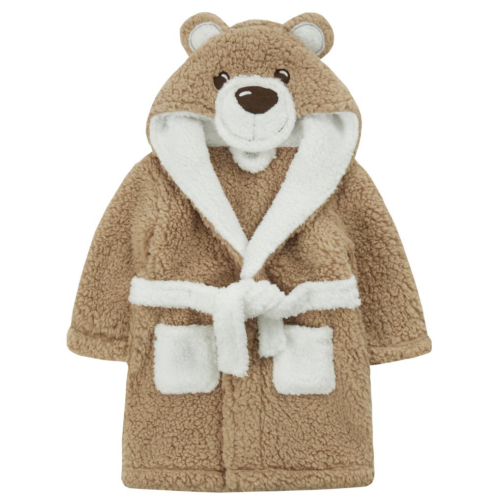 Super soft light brown bath robe dressing gown with with a cute teddy bear face on the hood and bear ears
