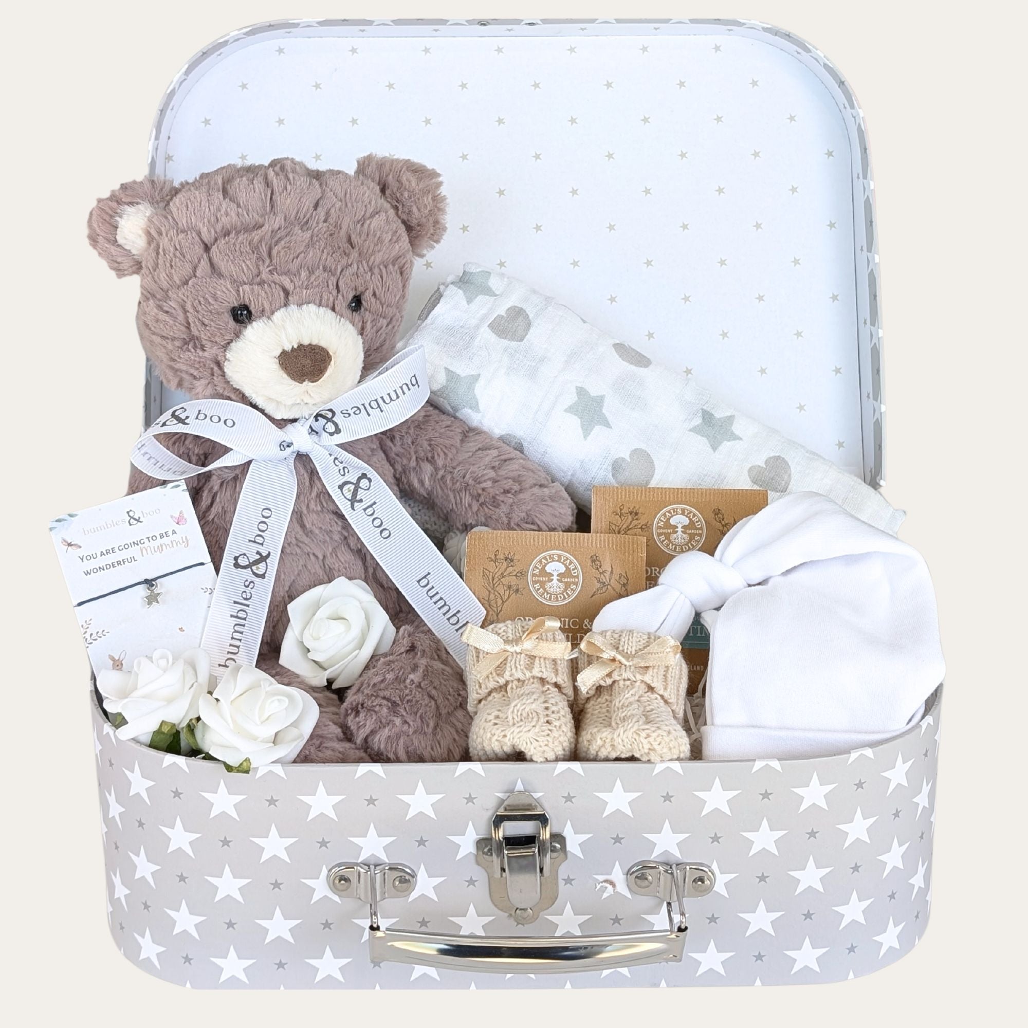 New mum gifts hamper with presents including bracelet, teddy bear, muslin and organic tea. Bumbles and Boo.
