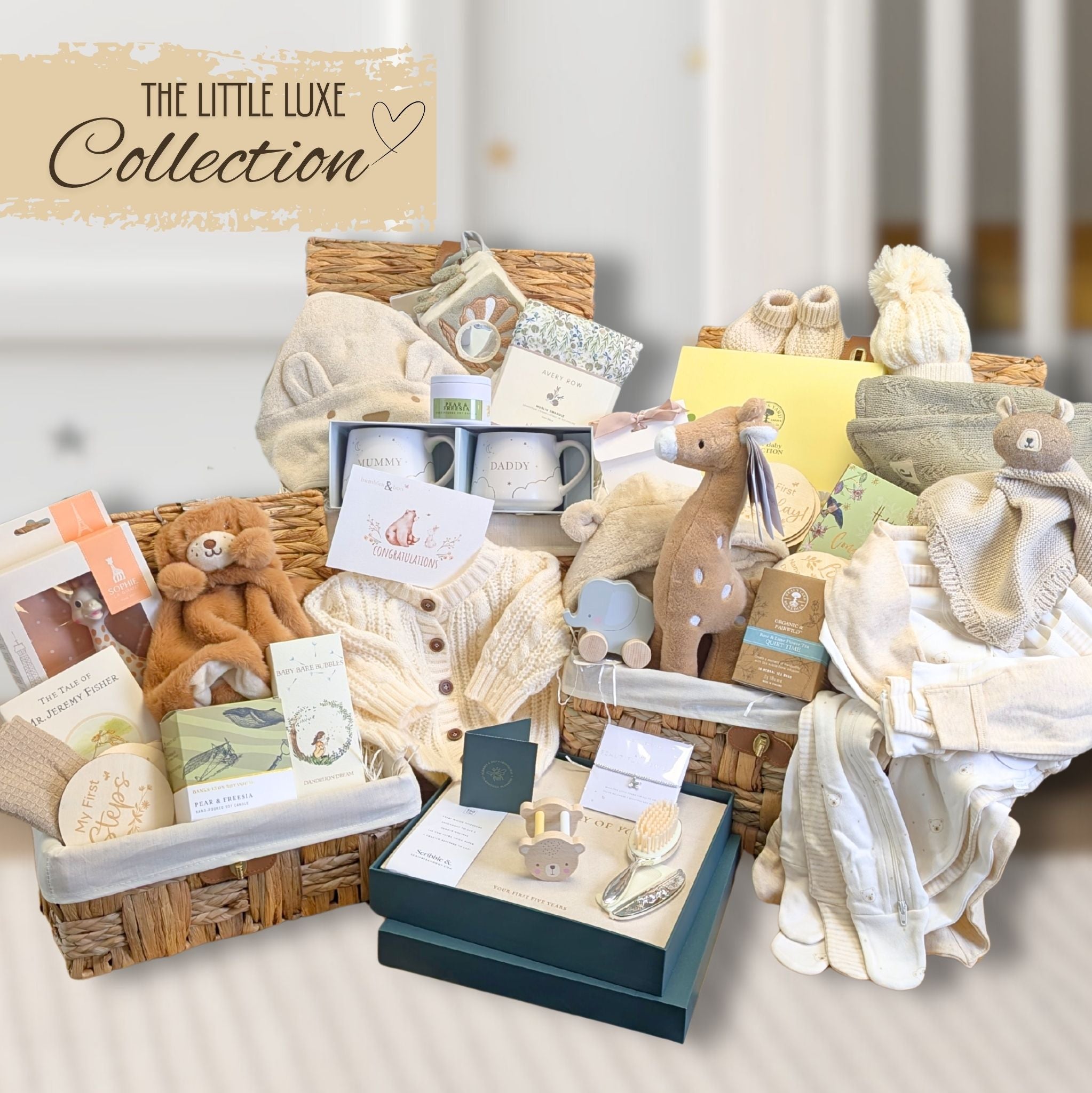 Luxury new baby baskets full of presents to welcome a new baby.