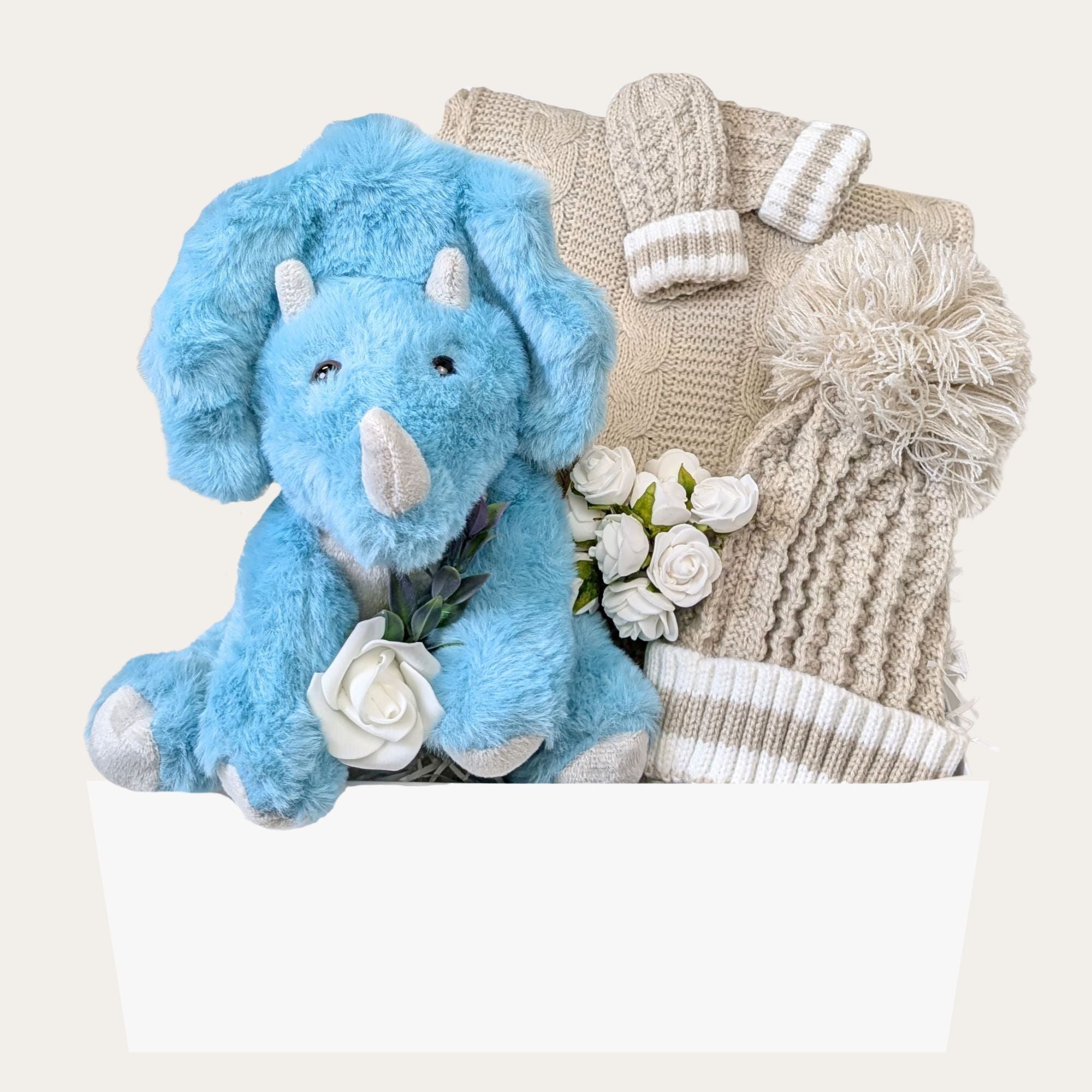 Eco-Friendly Baby Boy Gifts Hamper with a recycled blue plush dinosaur. Gifts packed in a keepsake box by Bumbles and Boo.