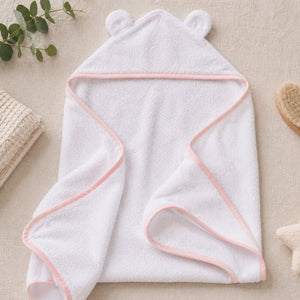 White bear ear hooded towel with pink trim