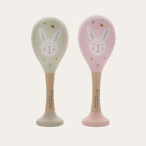Pink and Grey Wooden Toy Maracas with Rabbit Design Wooden Toy.