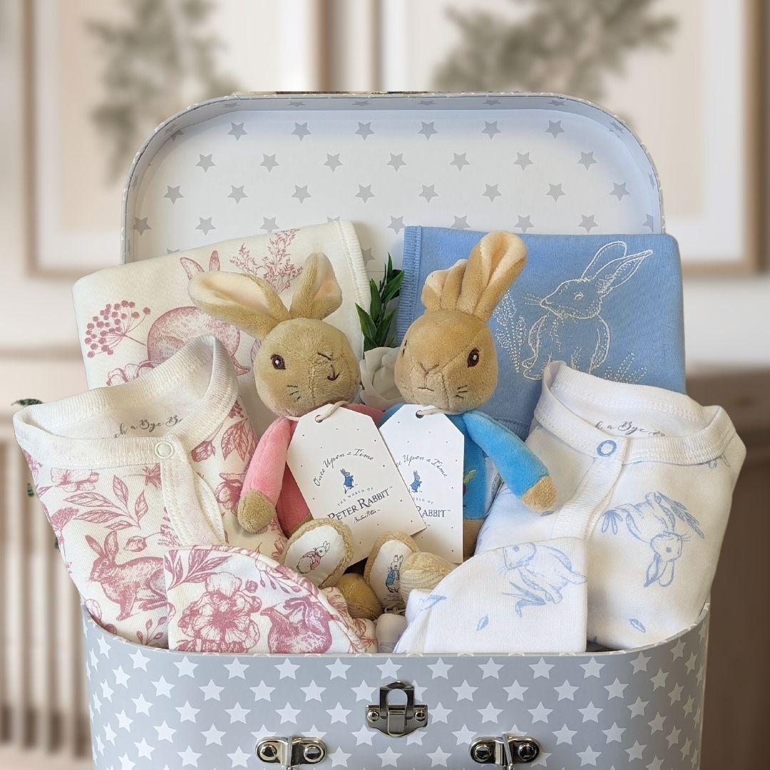 twins baby gifts hamper with flopsy bunny and peter rabbit