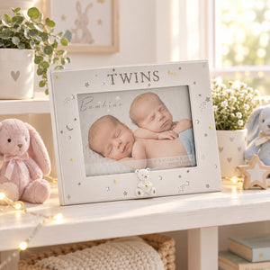 White twins baby photo frame with starry-night design and teddy bear detail