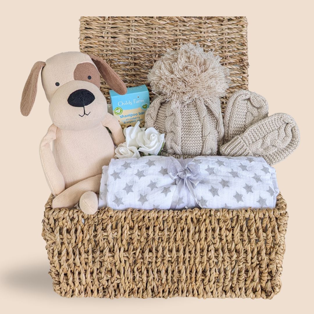 unisex new baby hamper gifts with puppy theme and hat and mittens.