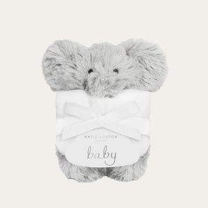 Plush elephant toy with a white blanket labeled 'Katie Loxton Baby' on a light gray background