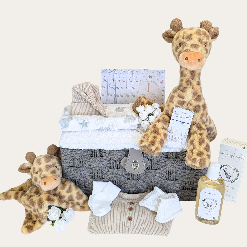 New baby gifts hamper with giraffe theme. Bumbles and Boo.