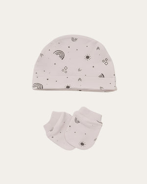 Unisex baby hat and mittens with rainbow and sun print