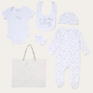 Matching white baby hat from unisex Welcome Little One 5 piece set