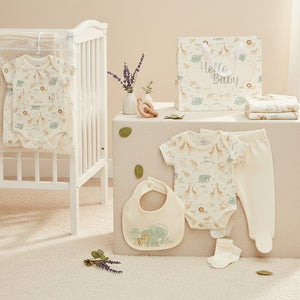Unsiex baby clothing set featuring safari animals in a neutral tone