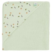 Hooded pale green towel with friendly vegetable print on the hood