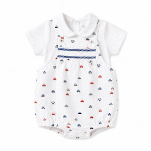 Baby romper with car pattern in white, red and blue