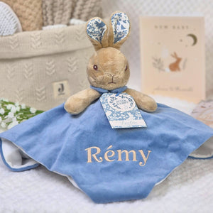 Personalised blue signature Peter Rabbit baby comforter.