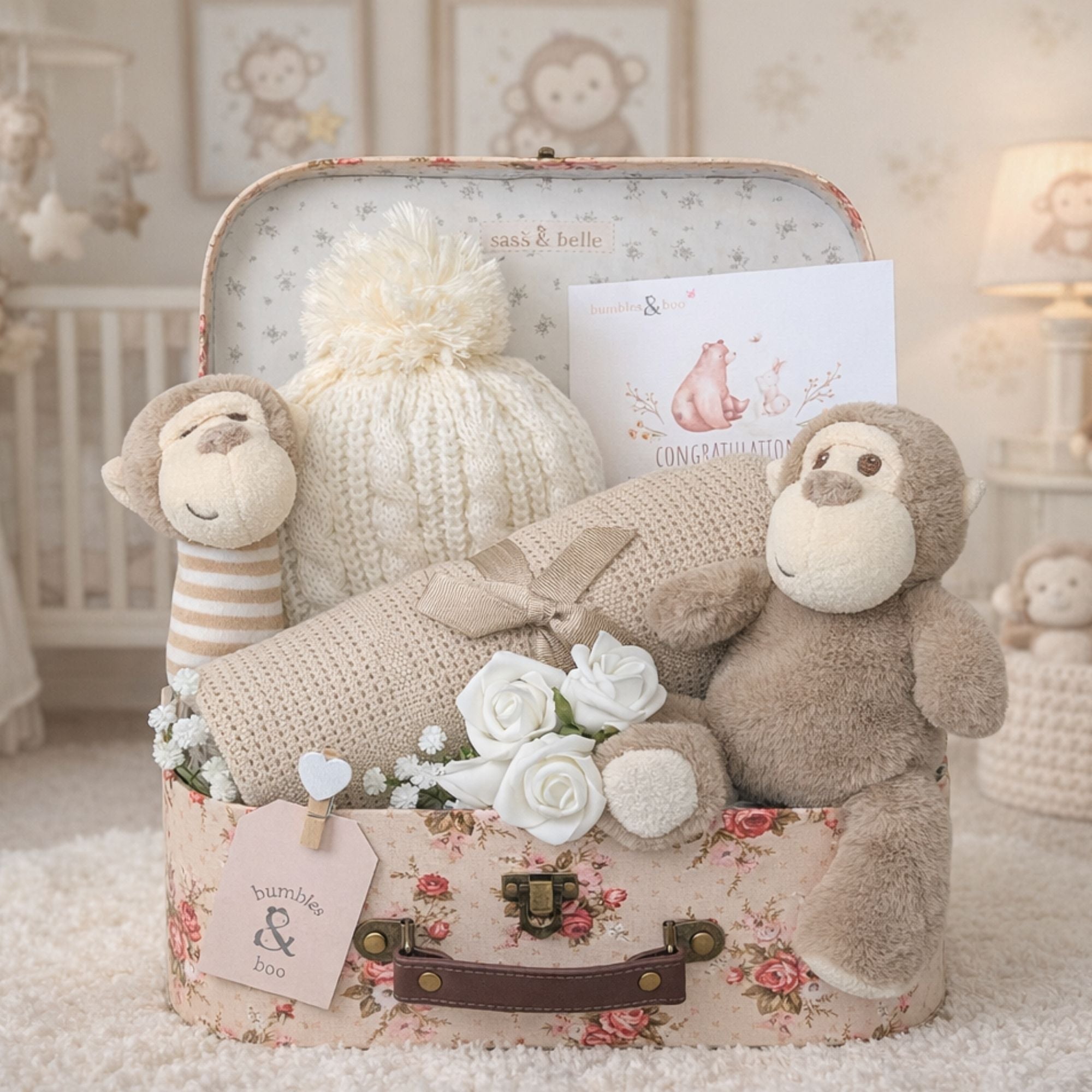 Baby gifts hamper with monkey soft toy and cellular baby blanket