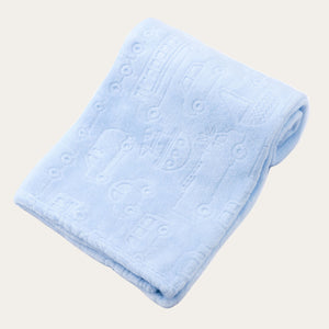 Soft blue baby wrap blanket with vehicle and boat embossed print