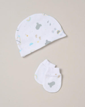 baby hat and baby mittens with a whale design