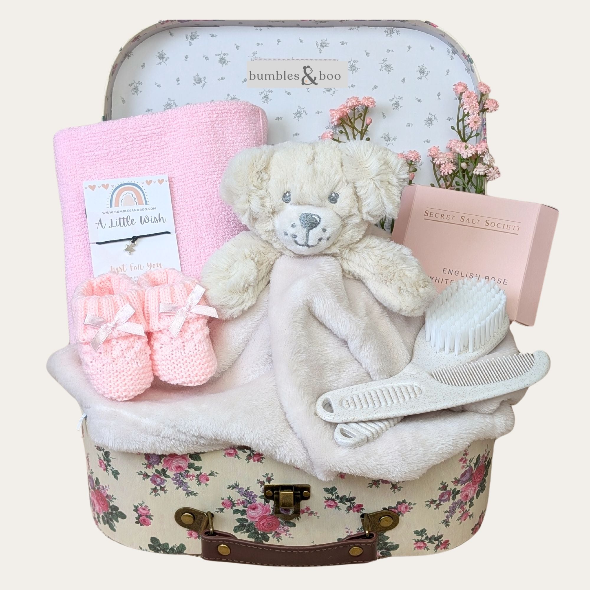 New Mum gifts hamper with teddy comforter and presents for the new mum. Bumbles and boo.