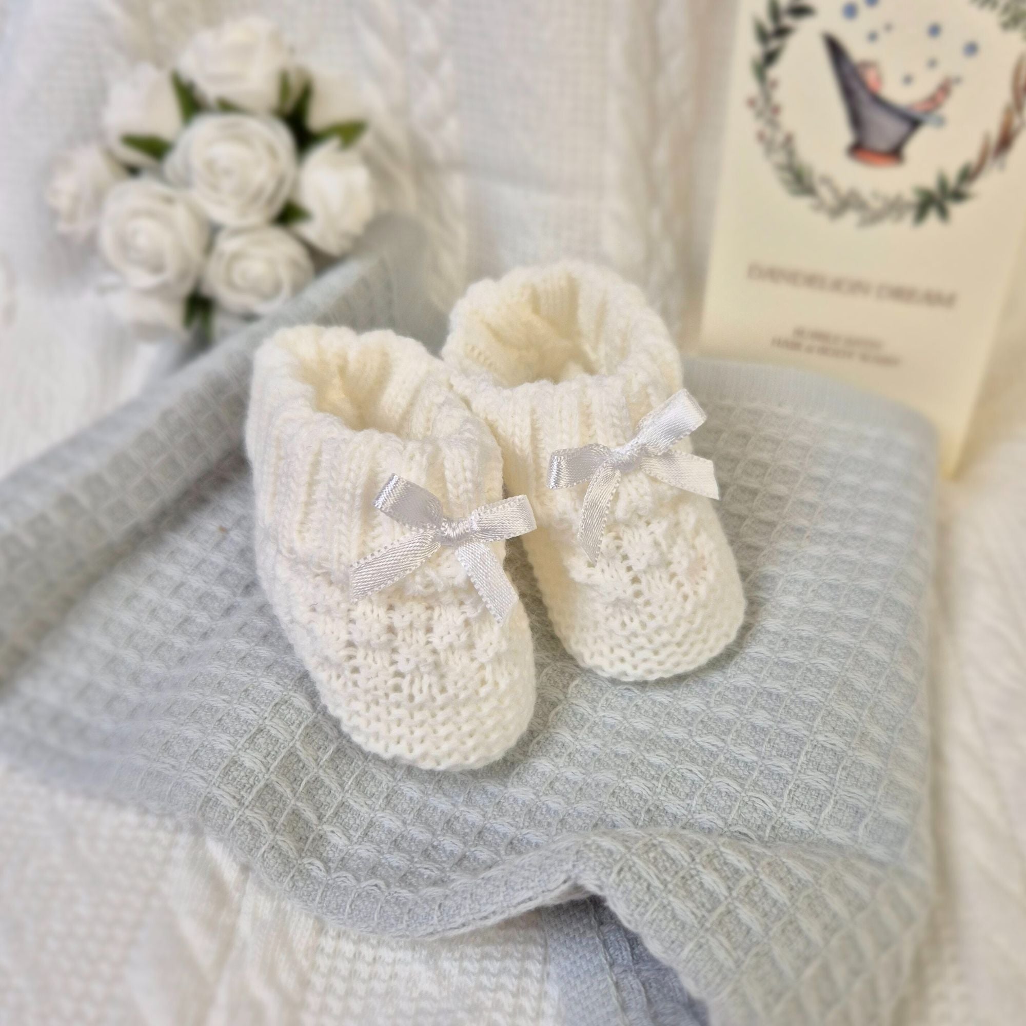 White Check Knit Design Booties with Bow Booties.