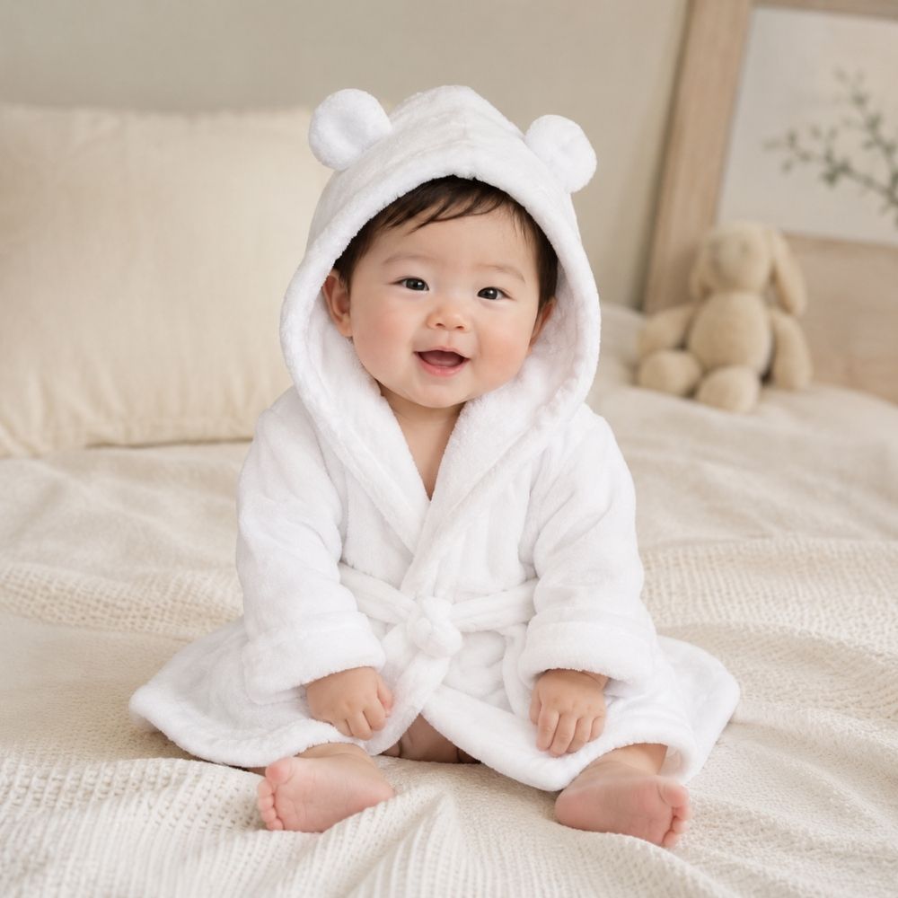 White baby dressing gown with cute ears