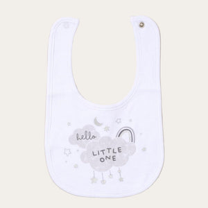 Baby bib with 'hello little one' text on a cloud