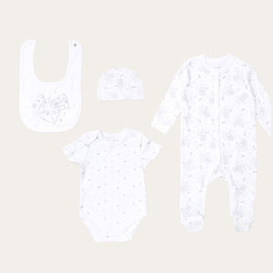 white baby clothing gifts set which reads special deliver. Five piece clothing set