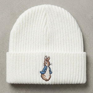 White baby hat with blue bunny detail for newborn to 3 months