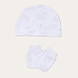 White baby hat and scratch mittens set with bunny pattern