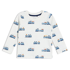 White long sleeve baby T-shirt with an all-over blue train print.