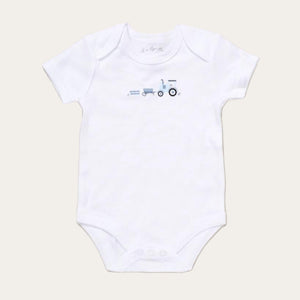 White baby bodysuit with tractor motif