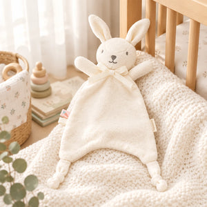 White bunny organic cotton baby comforter with long ears and knotted feet