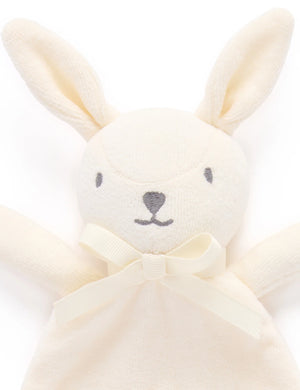 White rabbit baby comforter with ribbon tabs and textured fabric