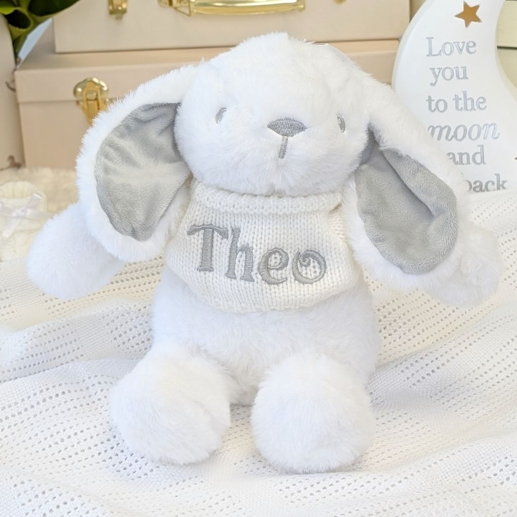 White and grey bunny rabbit with a personalised name on a jumper