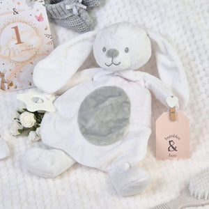 White and grey eco friendly flat bunny baby teething and comforter toy. Loong ears for baby to play with and a soothing teething ring attached.