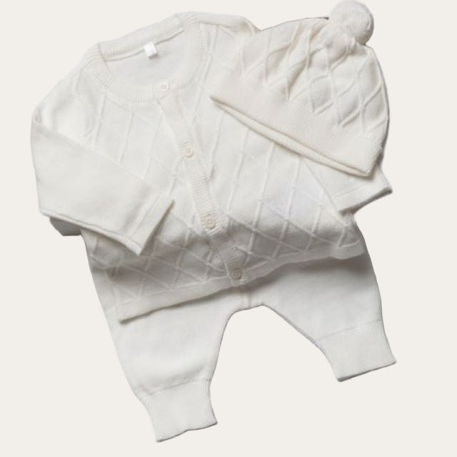 Ivory White Knit Baby Gift – Cardigan, Leggings, Hat