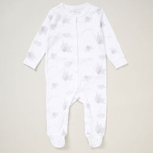White long sleeve sleepsuit with all over grey elephant print