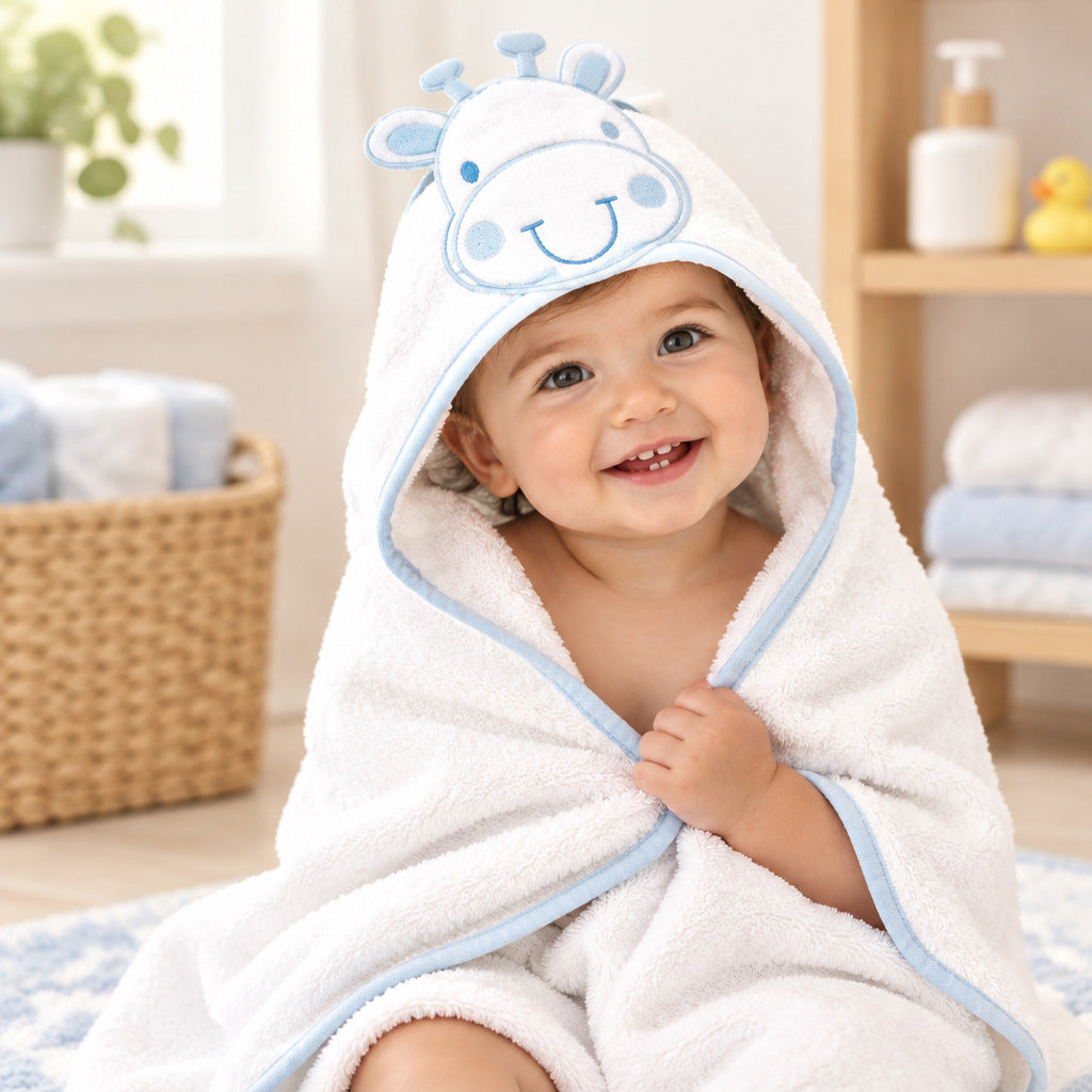 White hooded baby towel with blue trim and the face of a giraffe on the hood